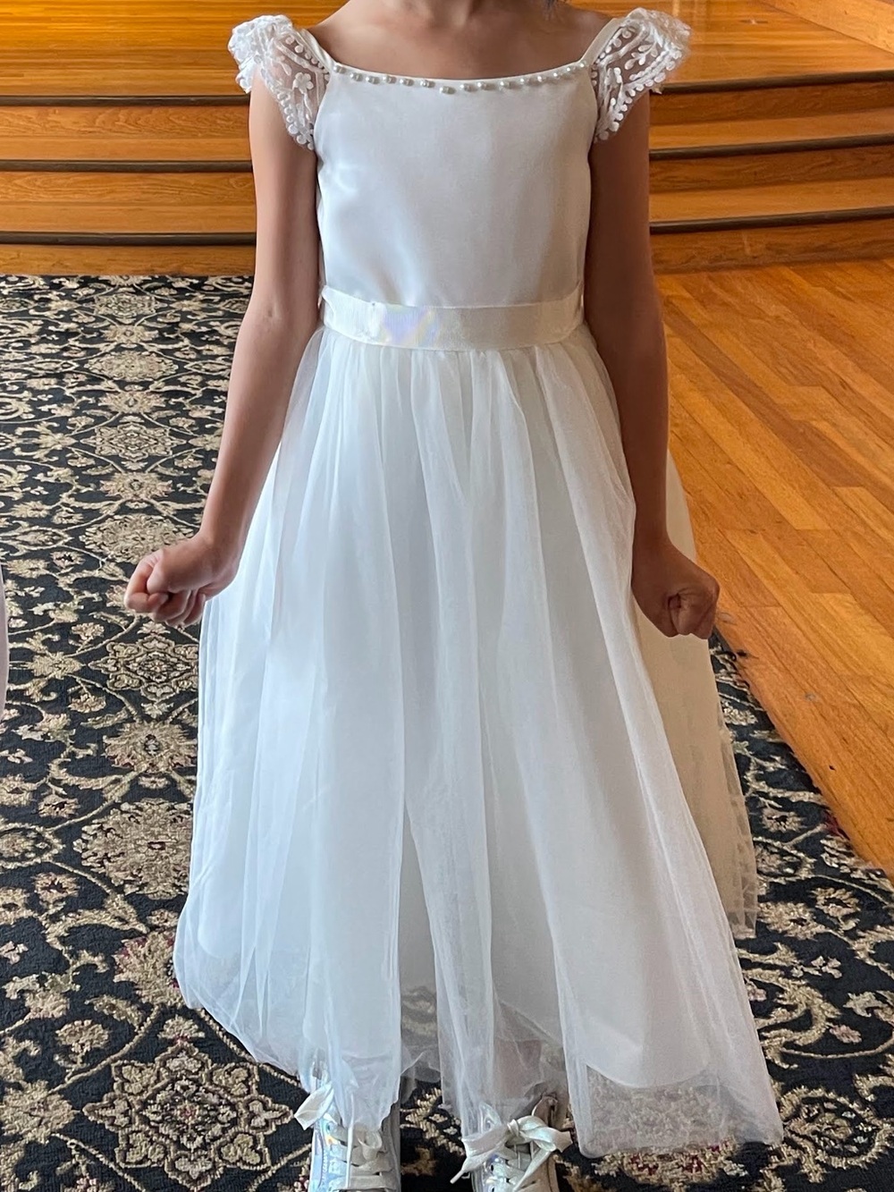 David's Bridal Ivory Tulle Flower Girl Dress with Lace Straps - Picture 4 of 4